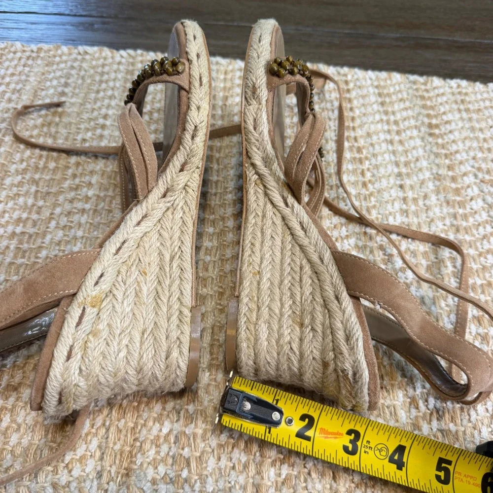 Franco Sarto Herbal Tan Leather Beaded Espadrille Wedge Sandals Womens 9M